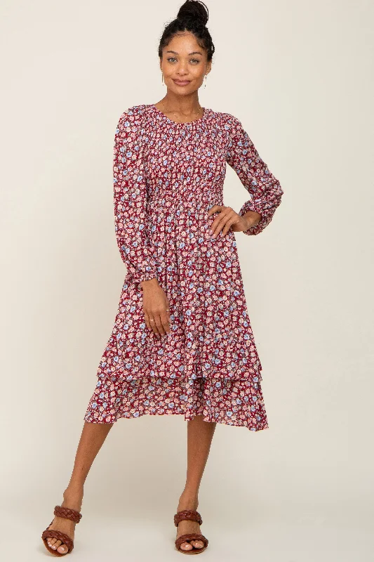 form-fitting dressBurgundy Floral Smocked Long Sleeve Midi Dress