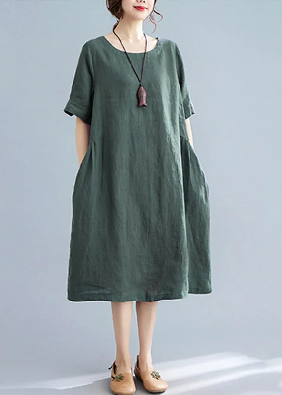 pleated maxi dressHandmade Green Solid Wrinkled Linen Vacation Dresses Short Sleeve