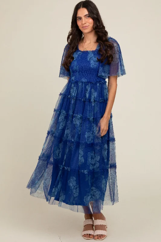 draped dressBlue Floral Smocked Tulle Maxi Dress