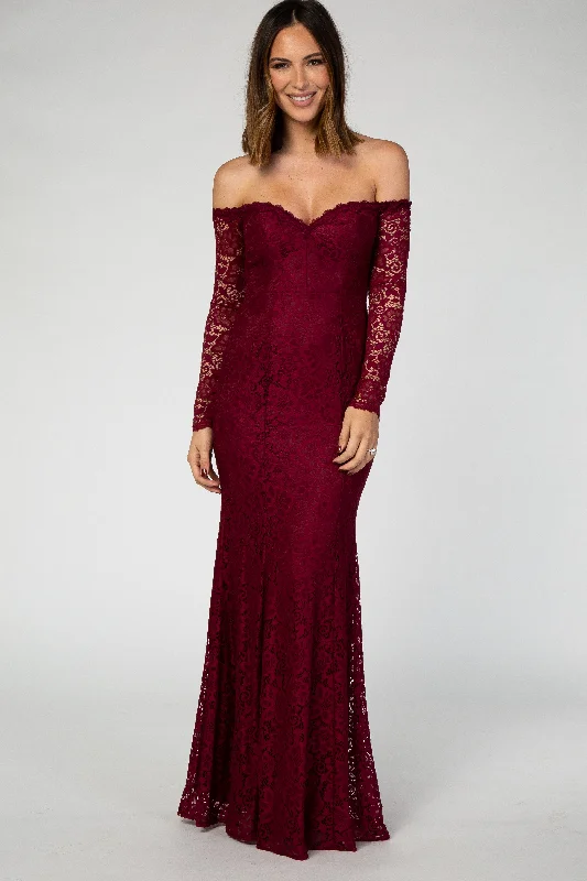 winter dressPinkBlush Burgundy Lace Off Shoulder Long Sleeve Maxi Dress