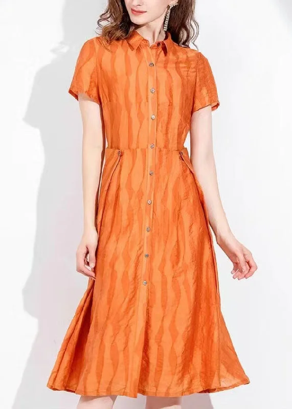 fitted bodycon dressElegant Orange Stand Collar Button Wave Print Silk Holiday Cinch Dress Short Sleeve