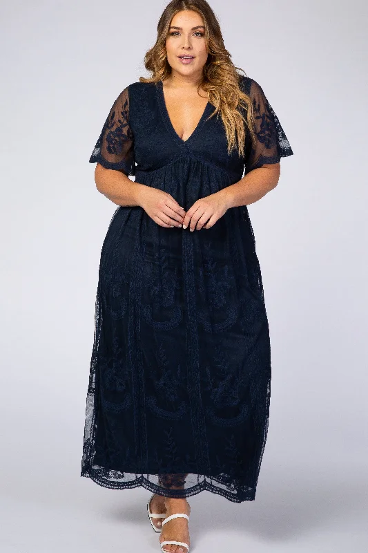 floral dressPinkBlush Navy Lace Mesh Overlay Plus Maxi Dress