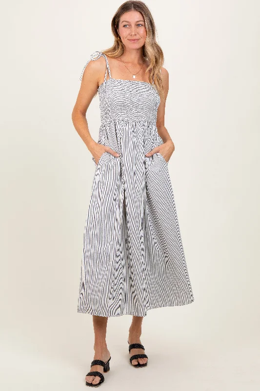 oversized dressIvory Striped Shoulder Tie Smocked Maxi Dress