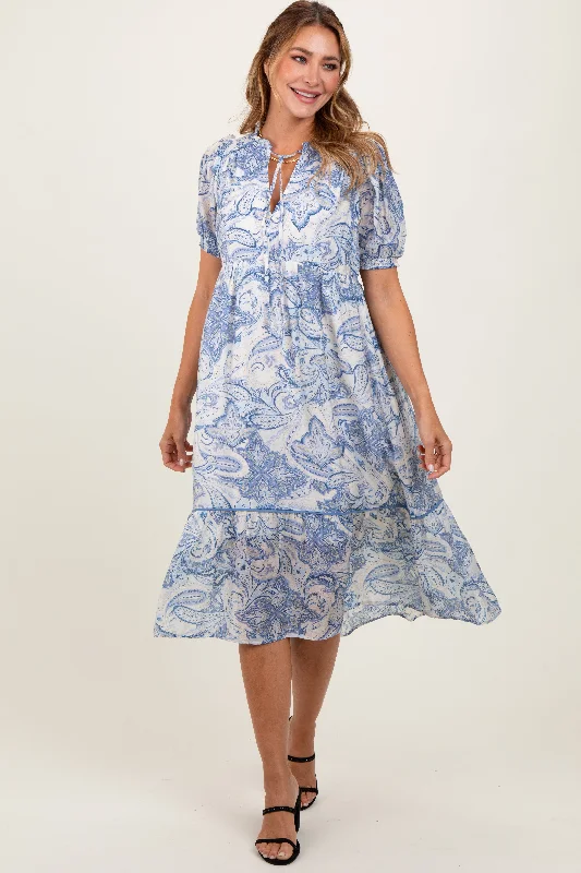 midi dressBlue Paisley Front Tie Ruffle Trim Midi Dress