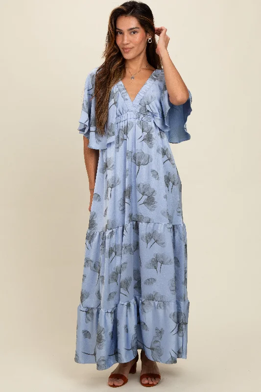 formal dressLight Blue Floral Deep V-Neck Maxi Dress