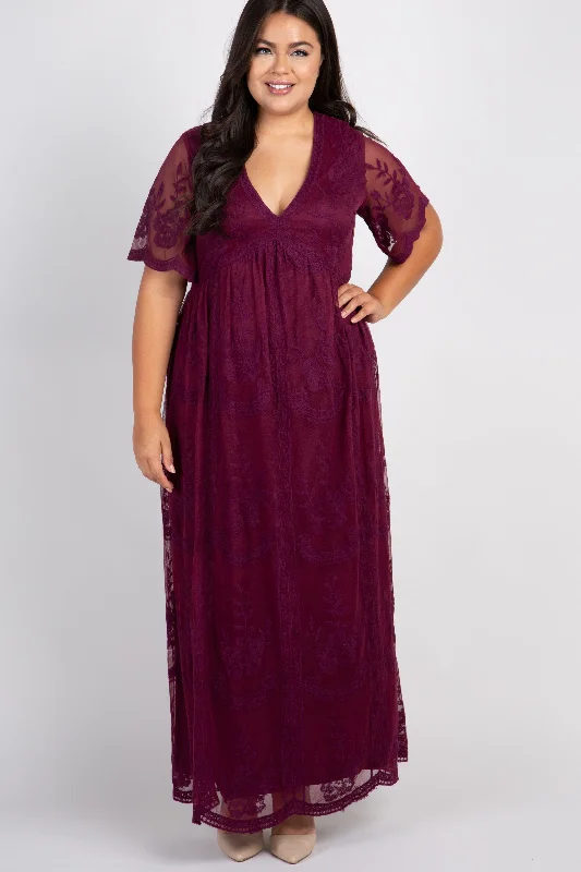 spaghetti strap dressPinkBlush Burgundy Lace Mesh Overlay Plus Maxi Dress