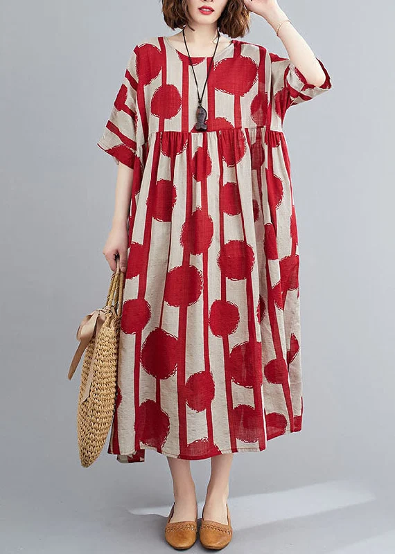 t-shirt dressCasual Red O-Neck Print Wrinkled Exra Large Hem Cotton Long Dresses Short Sleeve