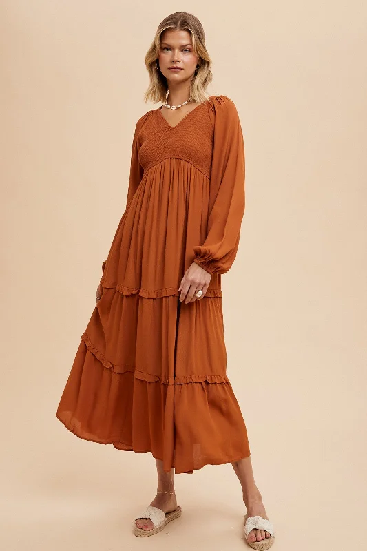 casual day dressCamel Smocked Tiered Midi Dress