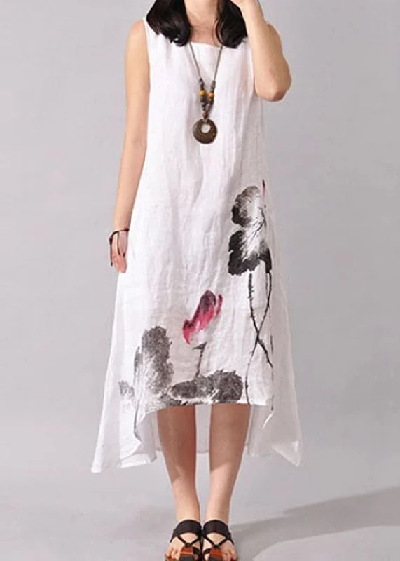 lace-up dressArt White O-Neck Print Low High Design Cotton Dress Summer