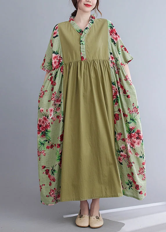 silk dressPlus Size Green V Neck Patchwork wrinkled Floral Print Long Dresses Short Sleeve