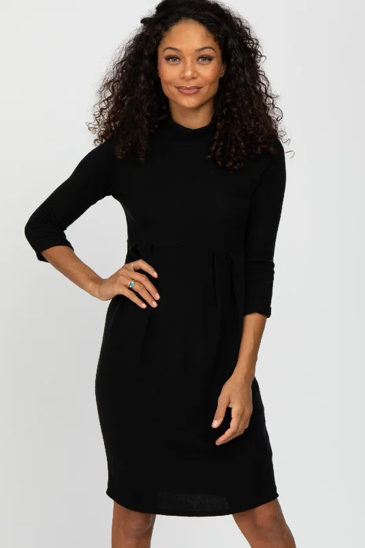 casual evening dressBlack Brushed Mock Neck Fitted Dress