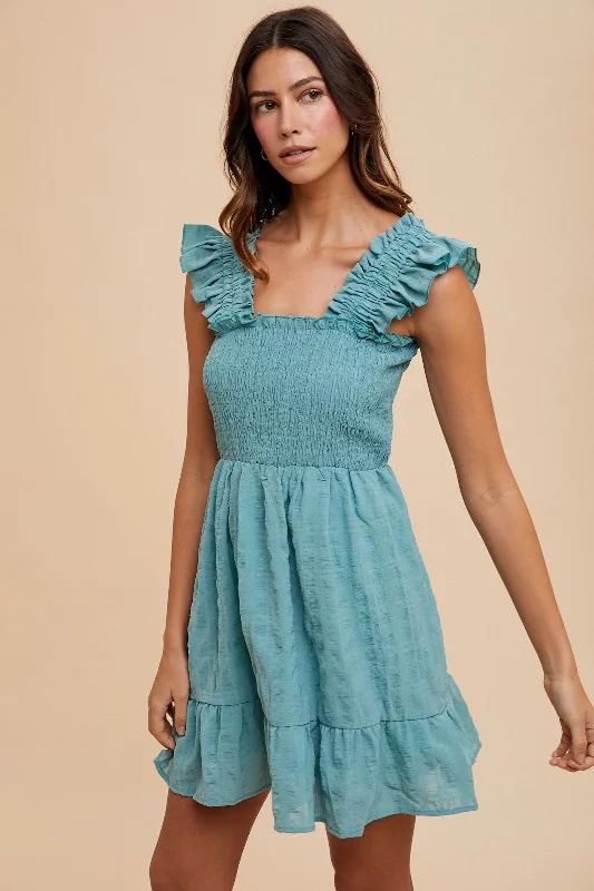 chic wrap dressDark Mint Textured Frill Detail Smocked Bodice Mini Dress