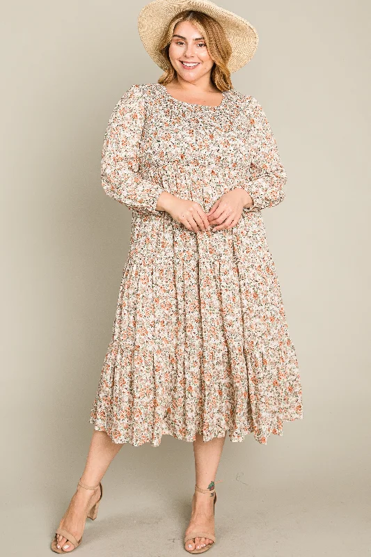 backless dressCream Floral Smocked 3/4 Sleeve Plus Midi Dress