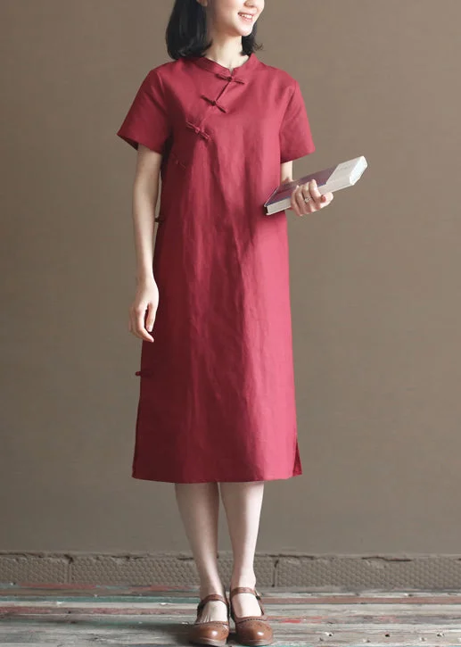 wrap-around dressWomen Mulberry Solid Mandarin Collar Oriental Button Side Open Cotton Linen Dresses Short Sleeve