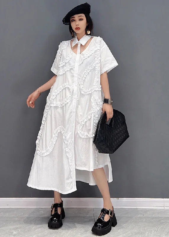 classic fit-and-flare dressPlus Size Original White Asymmetrical Design Ruffled Cotton Shirt Dress Short Sleeve