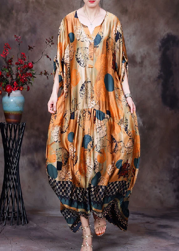 vintage-inspired dressStyle Yellow O-Neck Wrinkled Print Silk Women's Long Dress Half Sleeve