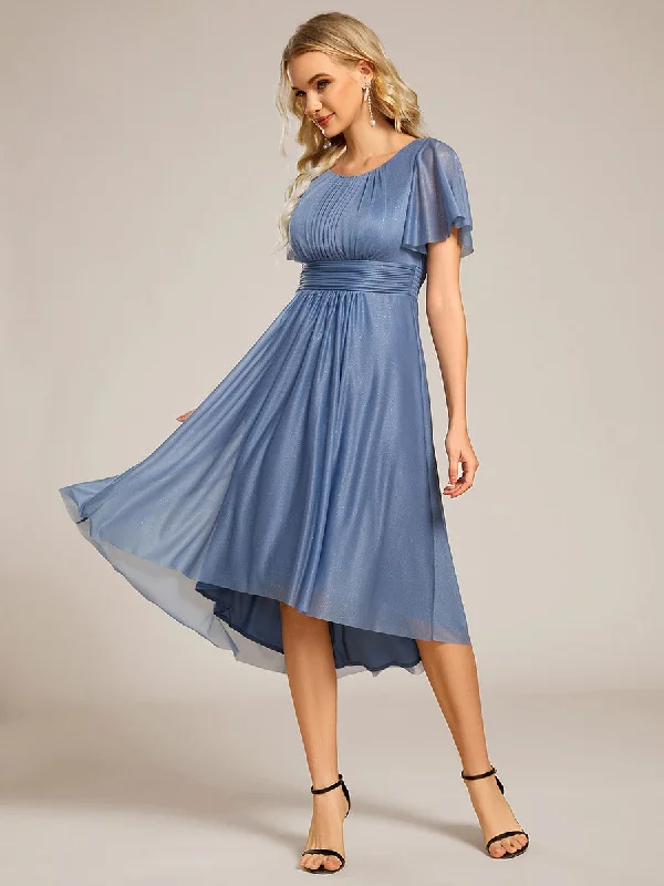 sophisticated dressShort Sleeves Pleated Ruffle Round Neck Asymmetrical Midi Wedding Guest Dress