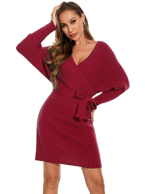 fitted bodycon dressV Neck Bodycon Mini Sweater Dress With Belt