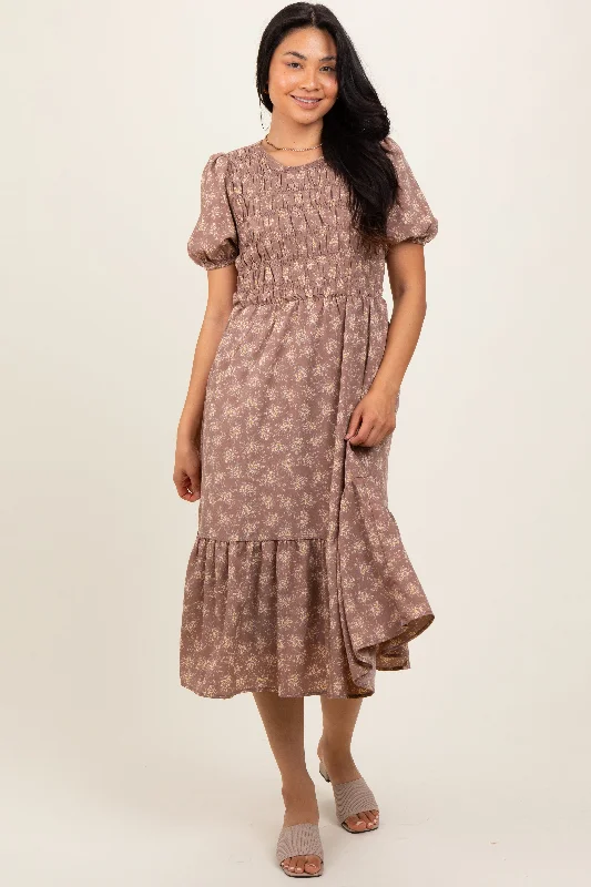 flowy maxi dressMocha Floral Puff Sleeve Smocked Midi Dress