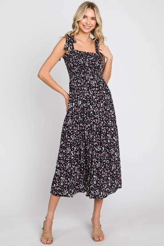 pleated dressBlack Micro Floral Smocked Dress