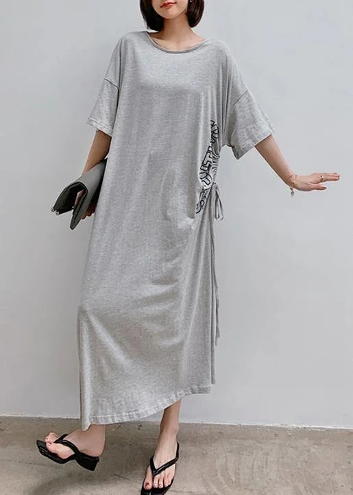 comfy maxi dressWomen gray Letter outfit o neck drawstring Robe Dress