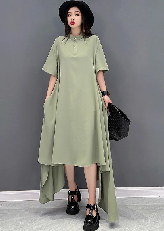 casual shift dressGreen Low High Design Chiffon Shirt Dresses Stand Collar Short Sleeve