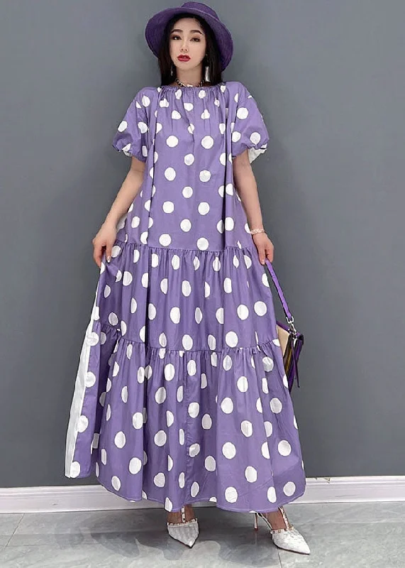 elegant dressPurple Dot Print Cotton Long Dress Wear On Both sides Exra Large Hem Short Sleeve