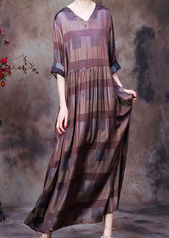 cocktail dressElegant Chocolate V Neck Plaid Wrinkled Long Dresses Long Sleeve