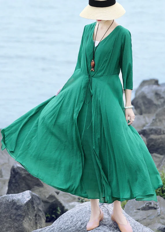 off-shoulder dressGreen Original Layered Long Dress Tie Waist Three Quarter sleeve