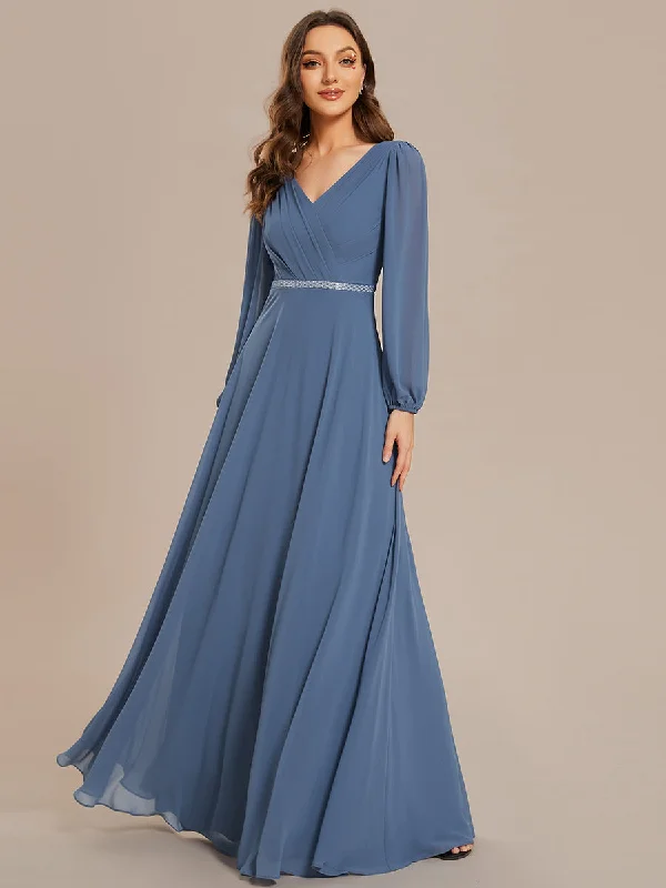 luxury dressElegant waisted chiffon V-neck long sleeve guest dress wholesale