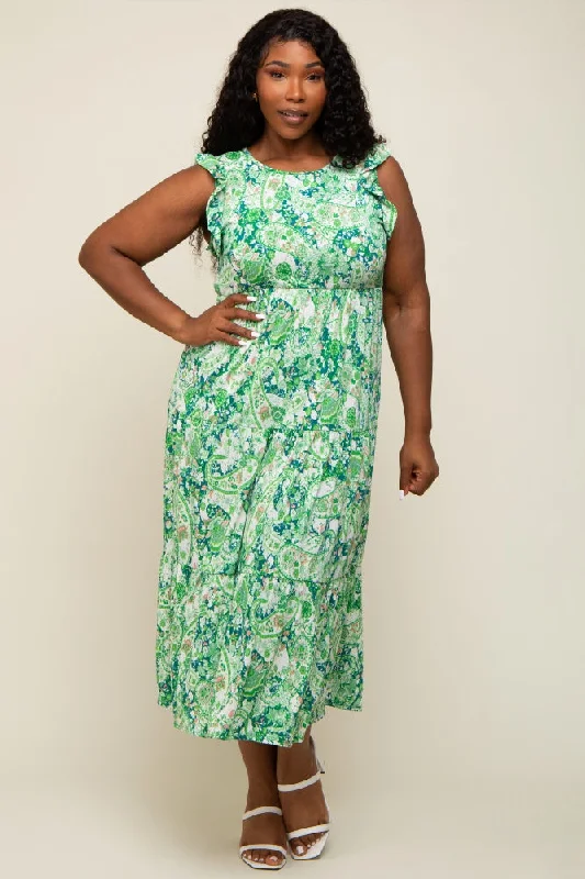 elegant shift dressGreen Floral Paisley Tiered Plus Midi Dress