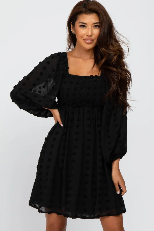 playful dressBlack Textured Dot Smocked Square Neck Chiffon Dress