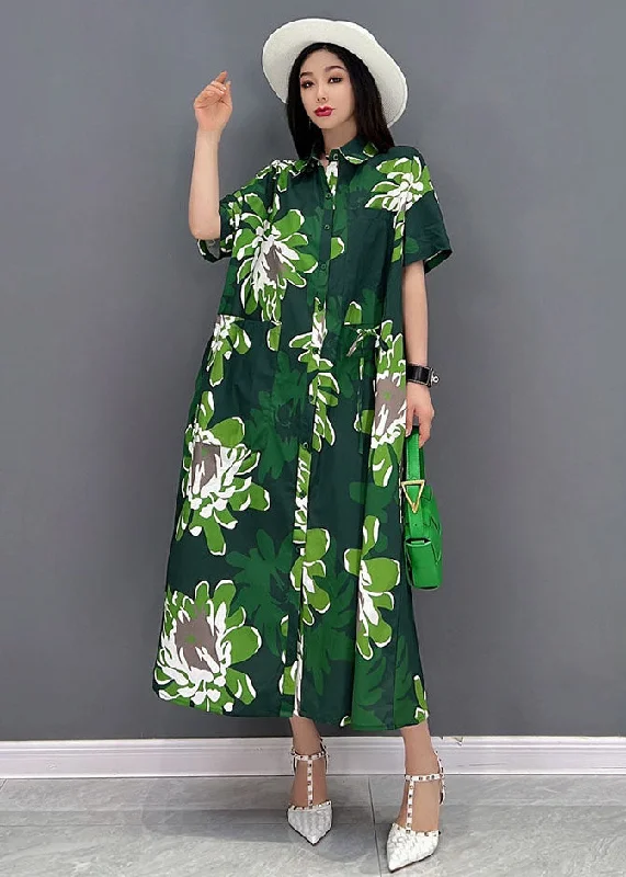 evening dressGreen Daisy Print Chiffon Shirt Dresses Oversized Pockets Short Sleeve