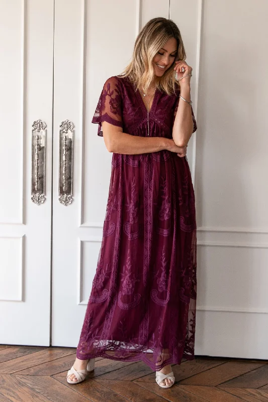 classic fit-and-flare dressPinkBlush Deep Burgundy Lace Mesh Overlay Maxi Dress