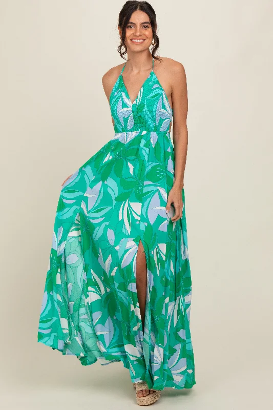 off-shoulder dressGreen Floral Smocked Halter Open Back Maxi Dress