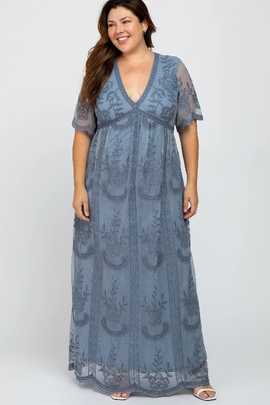 casual knit dressBlue Lace Mesh Overlay Plus Maxi Dress