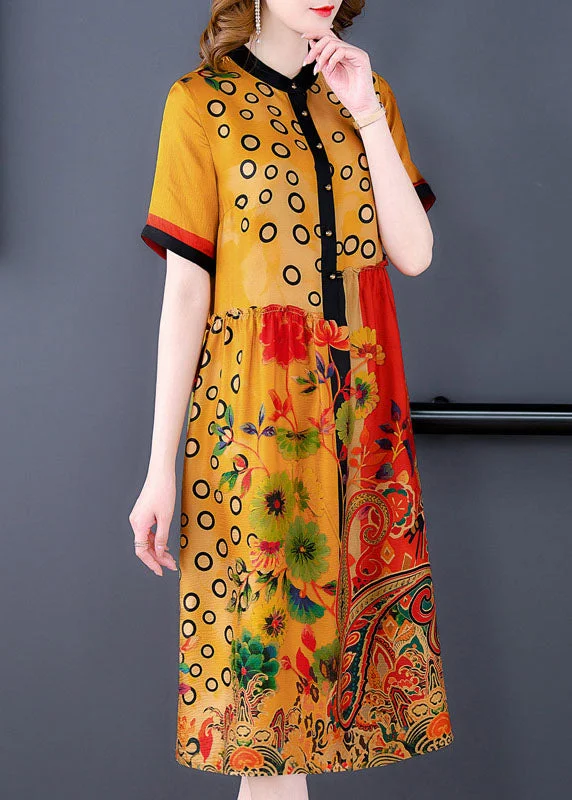 one-shoulder dressModern Yellow Stand Collar Asymmetrical Wrinkled Silk Shirt Dresses Short Sleeve