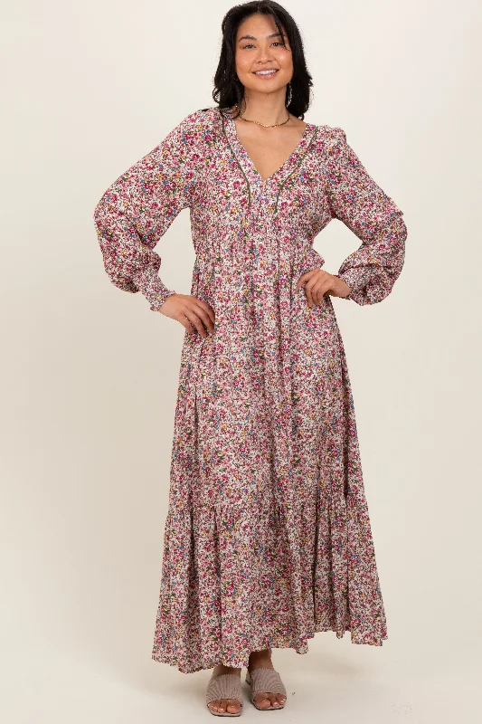 casual knit dressCream Floral V-Neck Bubble Sleeve Maxi Dress