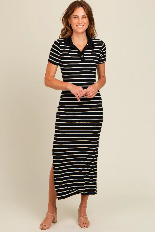 classic fit-and-flare dressBlack Striped Collared Side Slit Maxi Dress