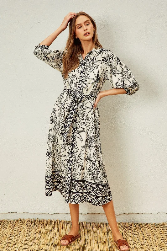 romantic dressBlack Tropical Print Button Down Shirt Dress