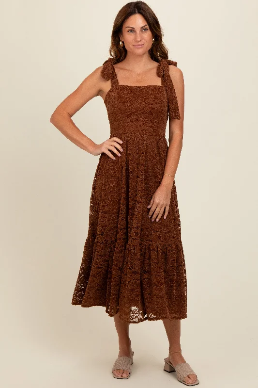 flowy evening dressBrown Lace Shoulder Tie Ruffle Hem Midi Dress