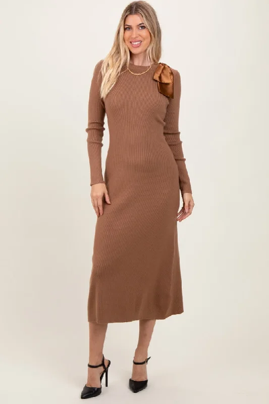 elegant shift dressMocha Shoulder Bow Detail Midi Knit Dress