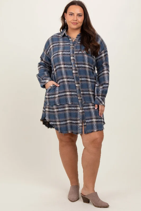 silk dressBlue Plaid Button Down Raw Hem Plus Dress