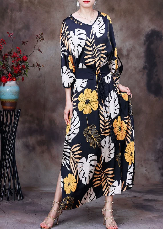 A-line dressCasual Black V Neck Print Side Open Sashes Silk Vacation Long Dress Bracelet Sleeve