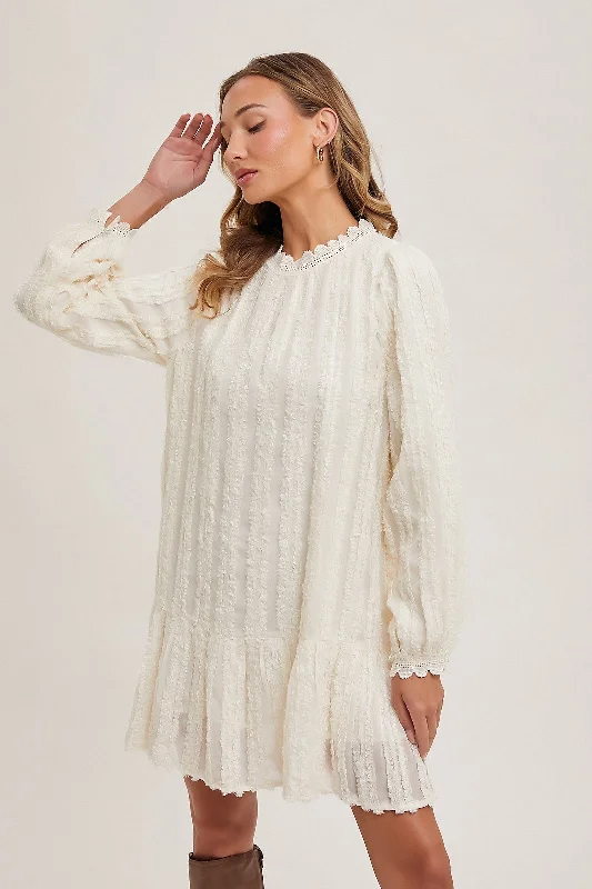 long sleeve dressIvory Ruffle Trimmed Puff Sleeve Mock Neck Dress