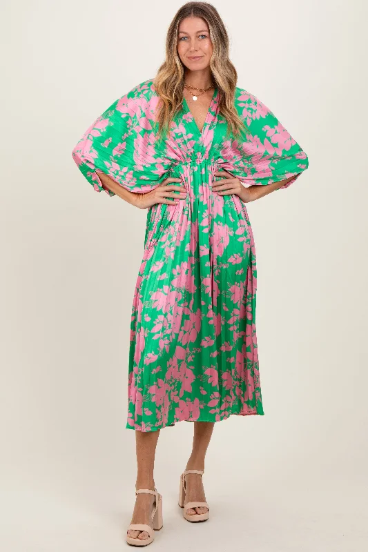 wrap-around dressGreen Floral Satin Pleated V-Neck Maxi Dress