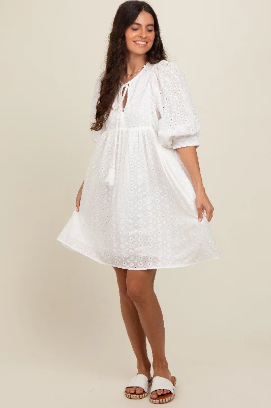 mini dressWhite Floral Eyelet Puff Sleeve Dress