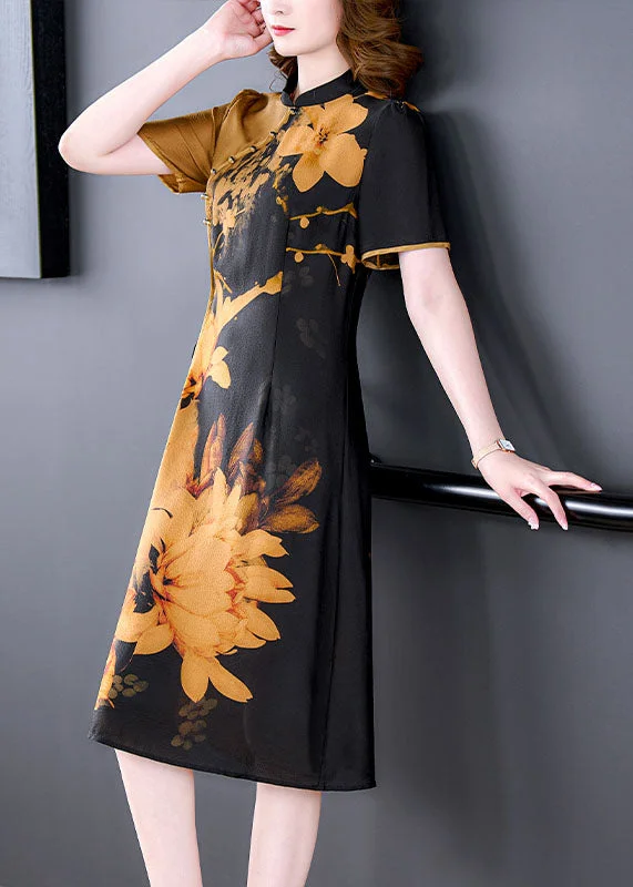 relaxed fit dressRetro Yellow Stand Collar Tie Dye Tie Waist Silk Cheongsam Dress Short Sleeve