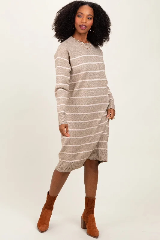 puff sleeve dressBeige Striped Midi Sweater Dress