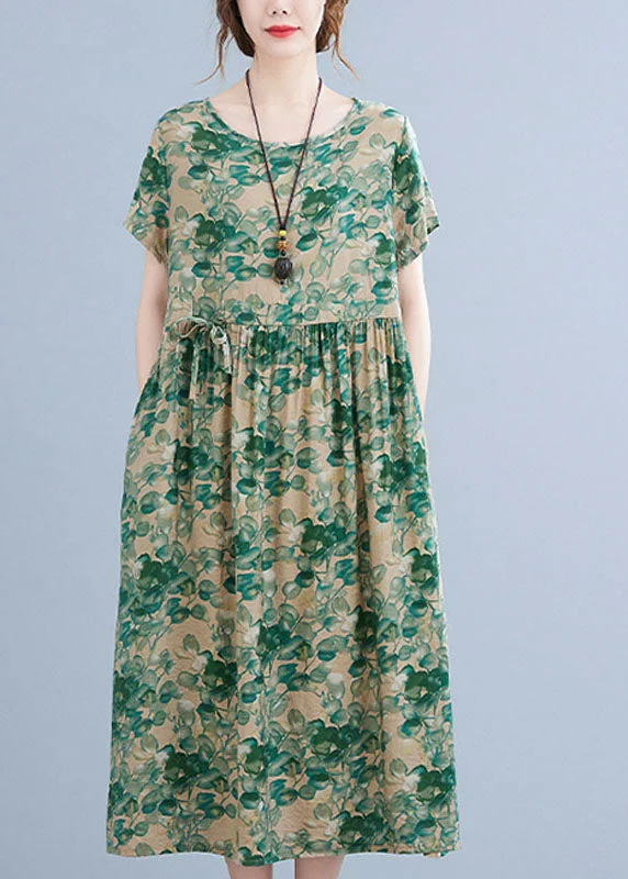 draped dressBoutique Green O-Neck Tie Waist Print Wrinkled Cotton Linen Vacation Dress Short Sleeve